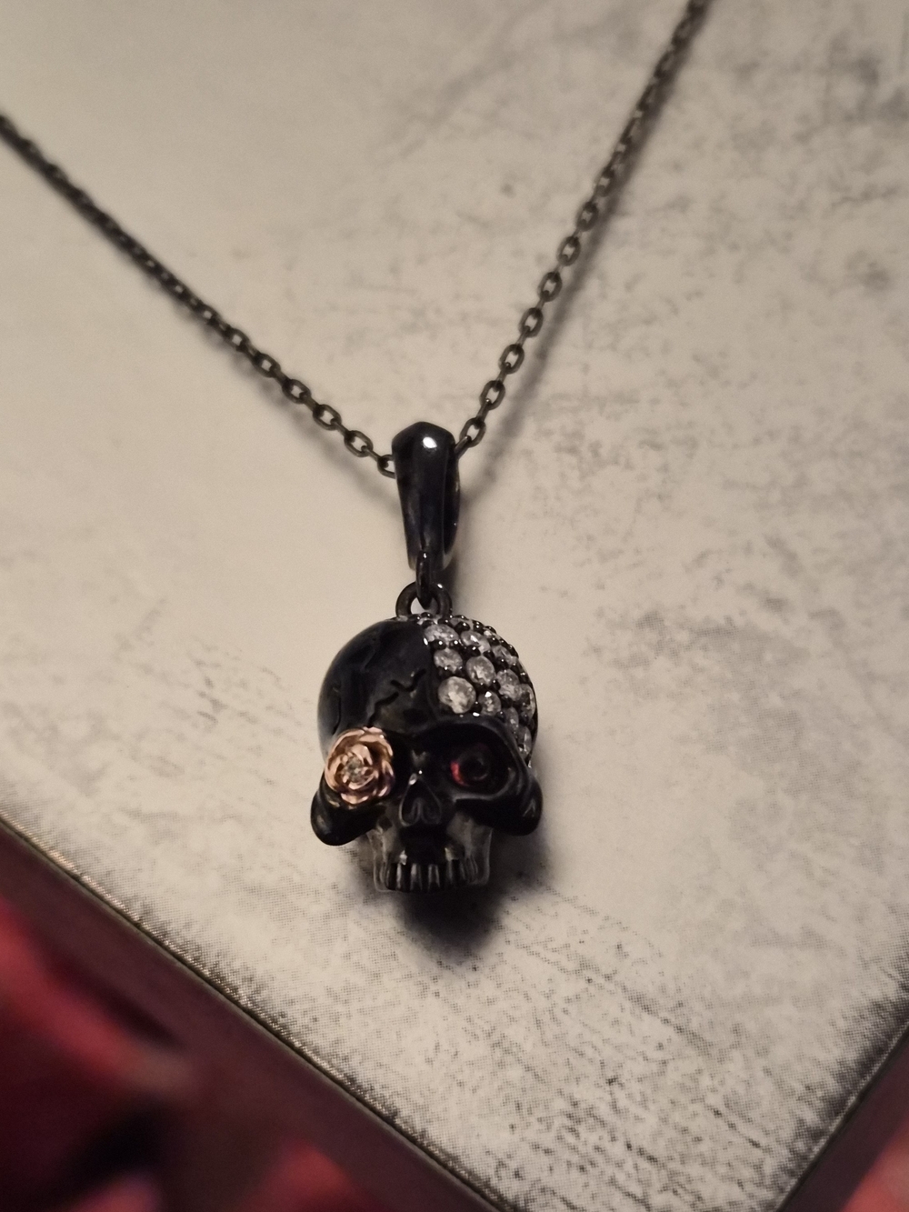 Black Skull Pendant Necklace with Crystal and Rose-Gold Accent